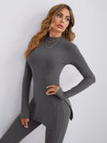 | SHEIN Essnce Mock-neck Split Side Rib-knit Tee and Flare Leg Pants Set | Top and Pant Set | Shein | OneHub