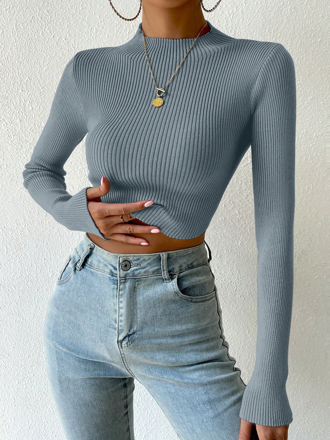  | SHEIN Essnce Mock Neck Ribbed Knit Crop Sweater | Sweater | Shein | OneHub