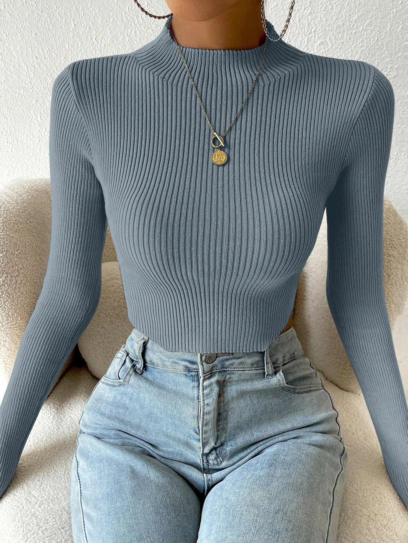  | SHEIN Essnce Mock Neck Ribbed Knit Crop Sweater | Sweater | Shein | OneHub
