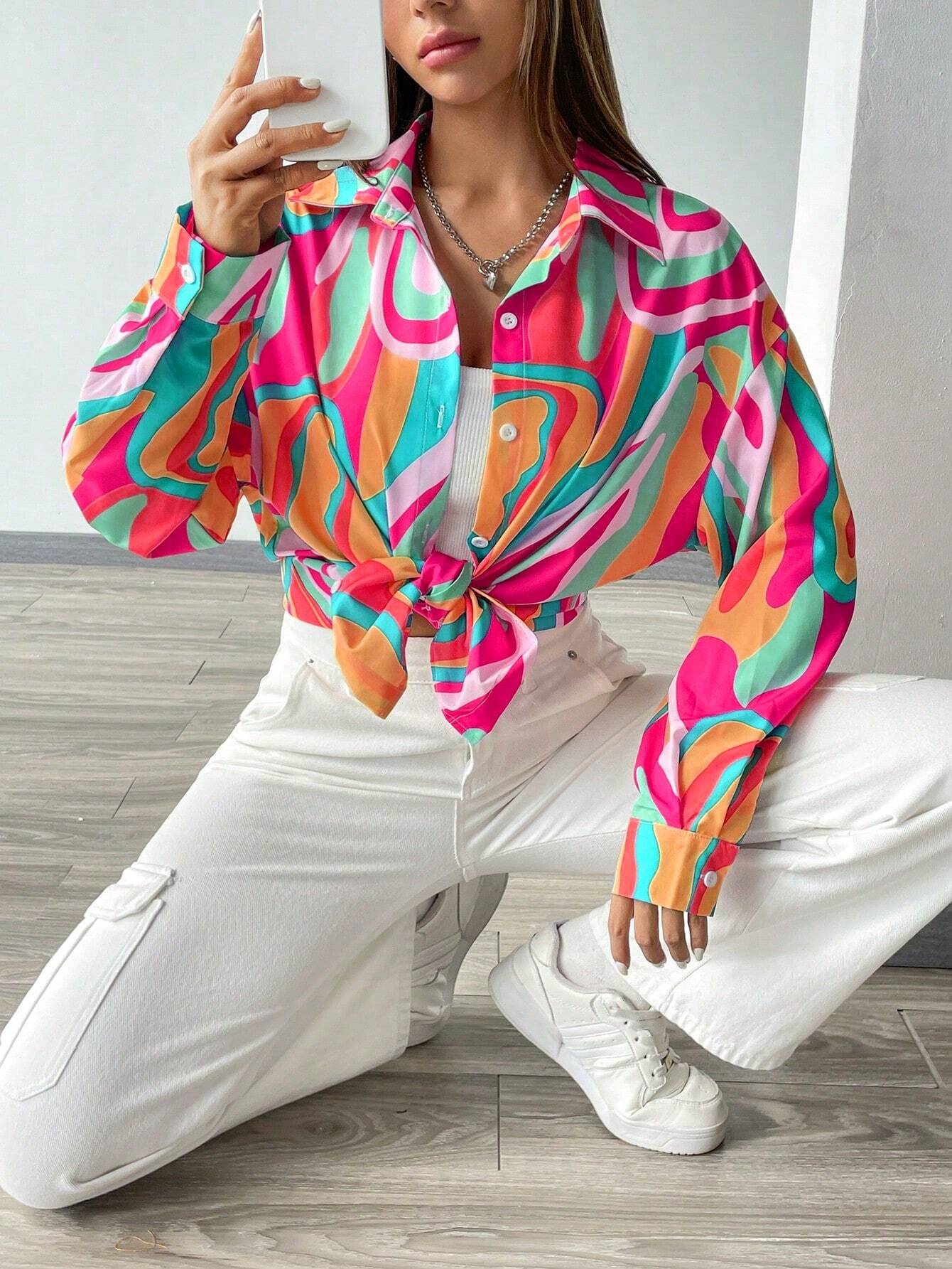  | SHEIN Essnce Printed Button-Down Long Sleeve Casual Shirt | Shirt | Shein | OneHub