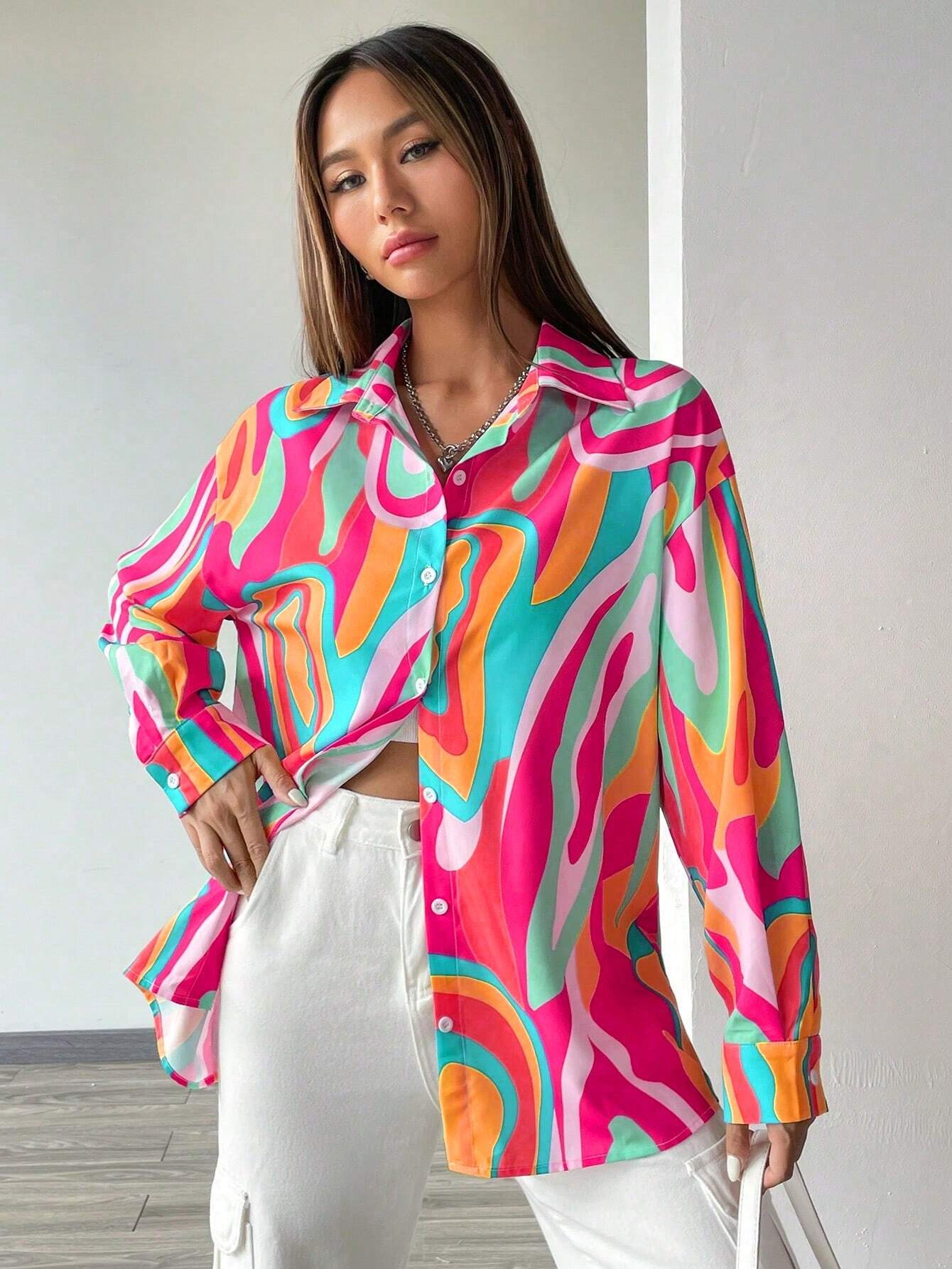  | SHEIN Essnce Printed Button-Down Long Sleeve Casual Shirt | Shirt | Shein | OneHub