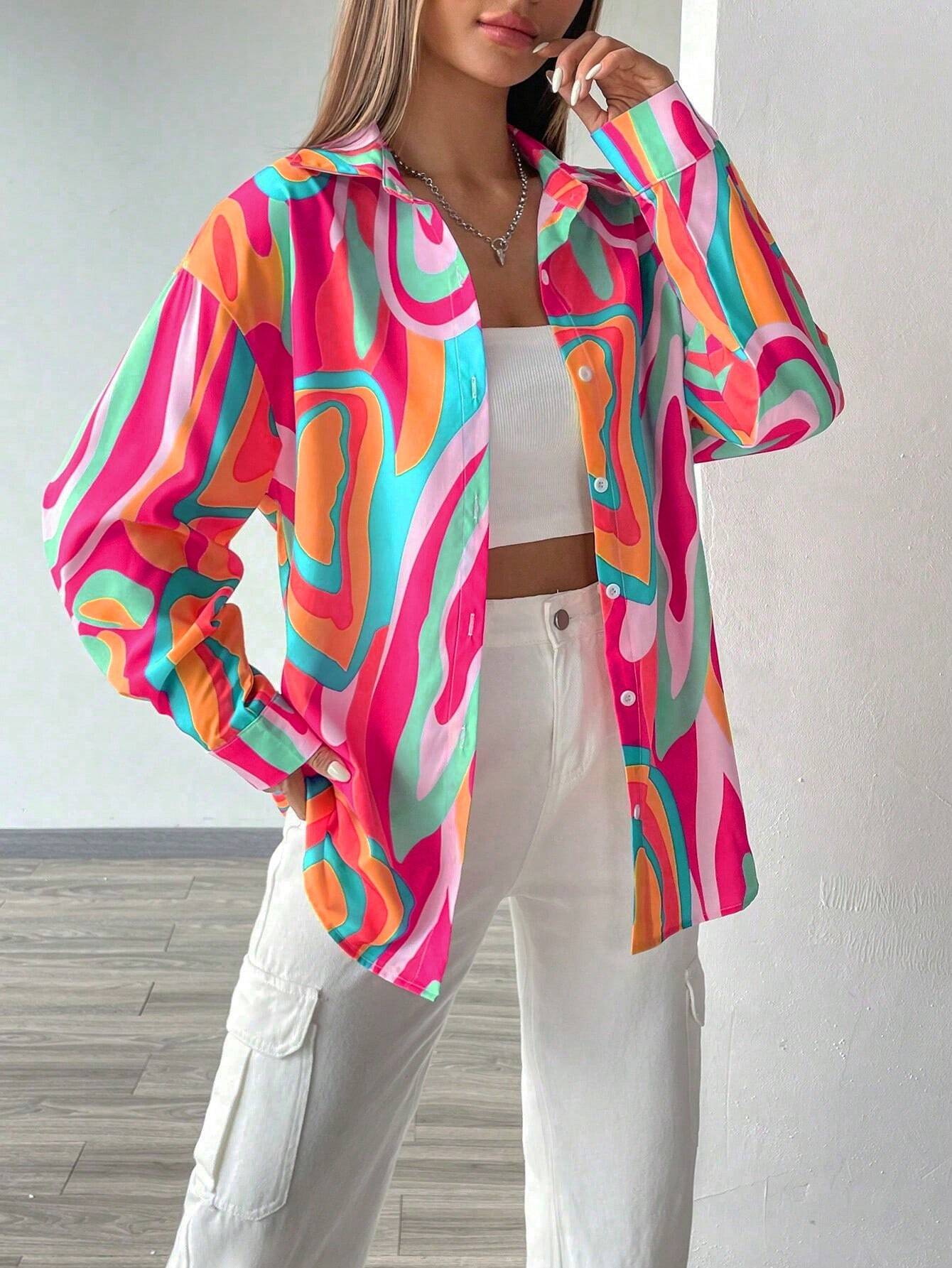  | SHEIN Essnce Printed Button-Down Long Sleeve Casual Shirt | Shirt | Shein | OneHub