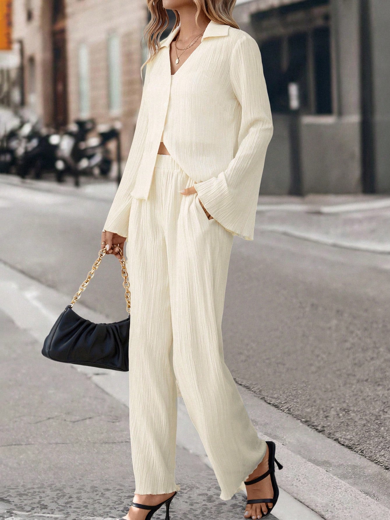  | SHEIN Essnce Solid Button Front Shirt & Wide Leg Pants | Top and Pant Set | Shein | OneHub