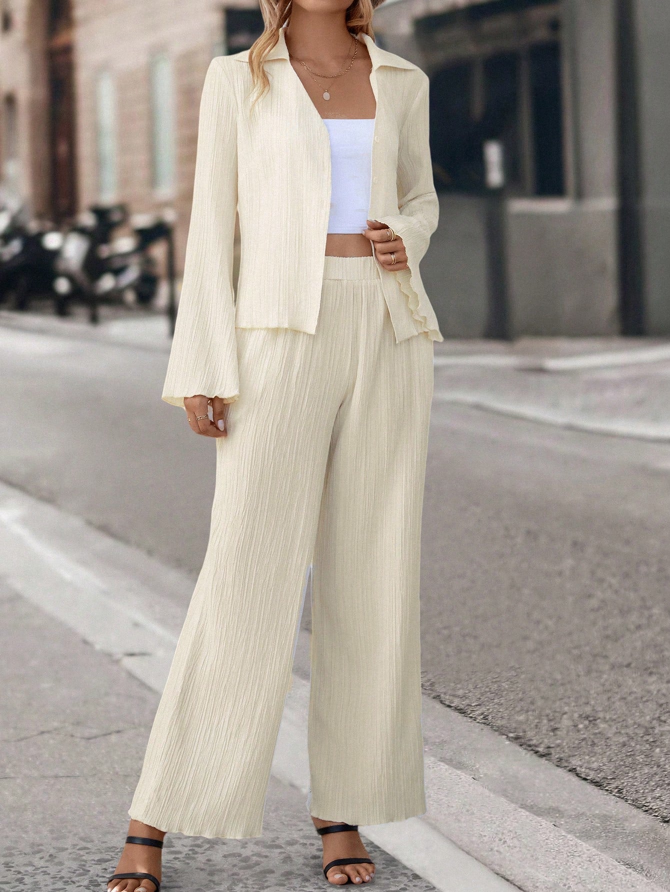  | SHEIN Essnce Solid Button Front Shirt & Wide Leg Pants | Top and Pant Set | Shein | OneHub