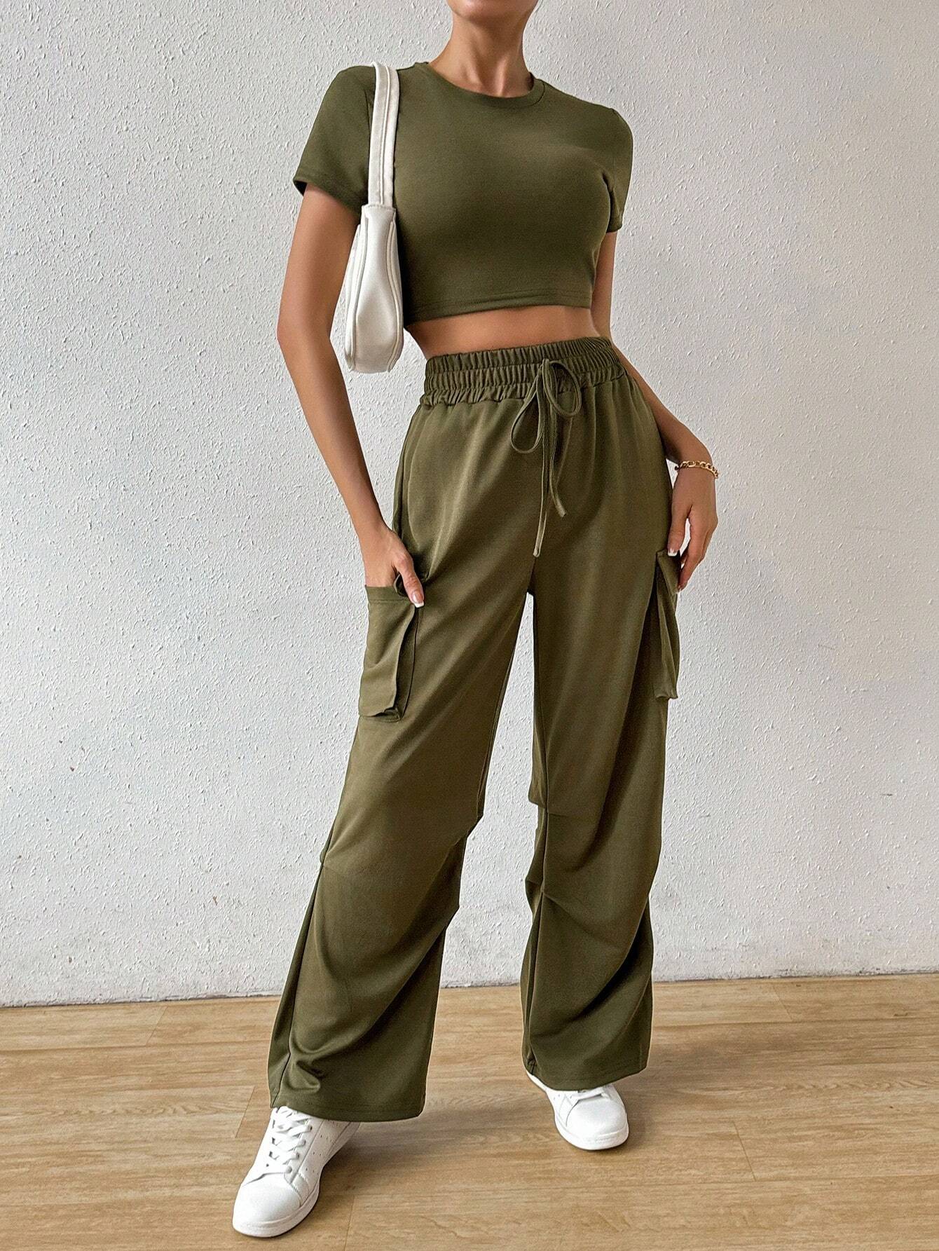  | SHEIN Essnce Solid Crop Tee & Flap Pocket Side Drawstring Waist Cargo Pants | Top and Pant Set | Shein | OneHub