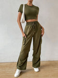  | SHEIN Essnce Solid Crop Tee & Flap Pocket Side Drawstring Waist Cargo Pants | Top and Pant Set | Shein | OneHub