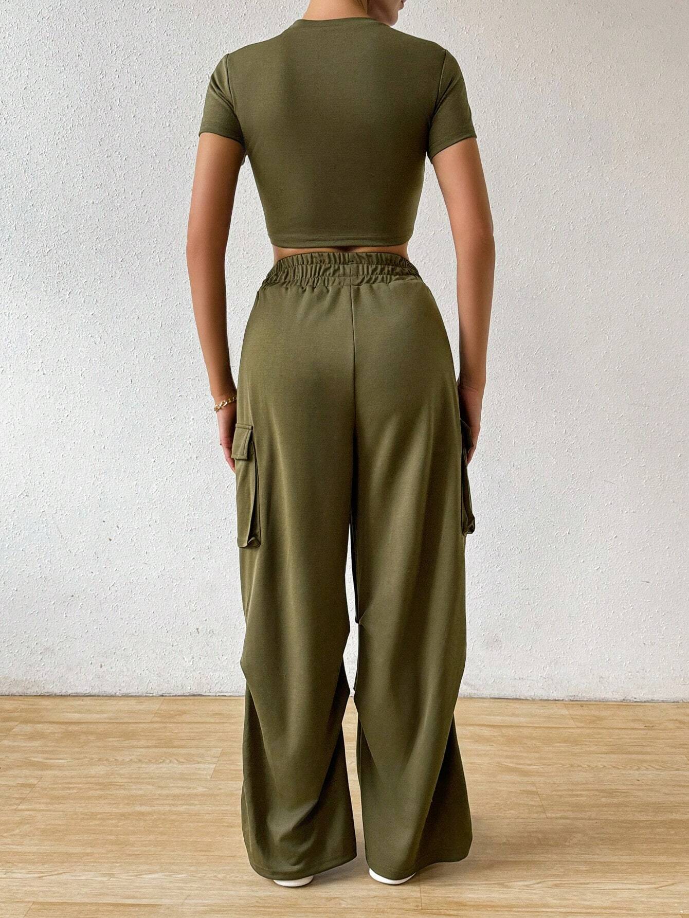  | SHEIN Essnce Solid Crop Tee & Flap Pocket Side Drawstring Waist Cargo Pants | Top and Pant Set | Shein | OneHub