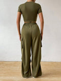  | SHEIN Essnce Solid Crop Tee & Flap Pocket Side Drawstring Waist Cargo Pants | Top and Pant Set | Shein | OneHub