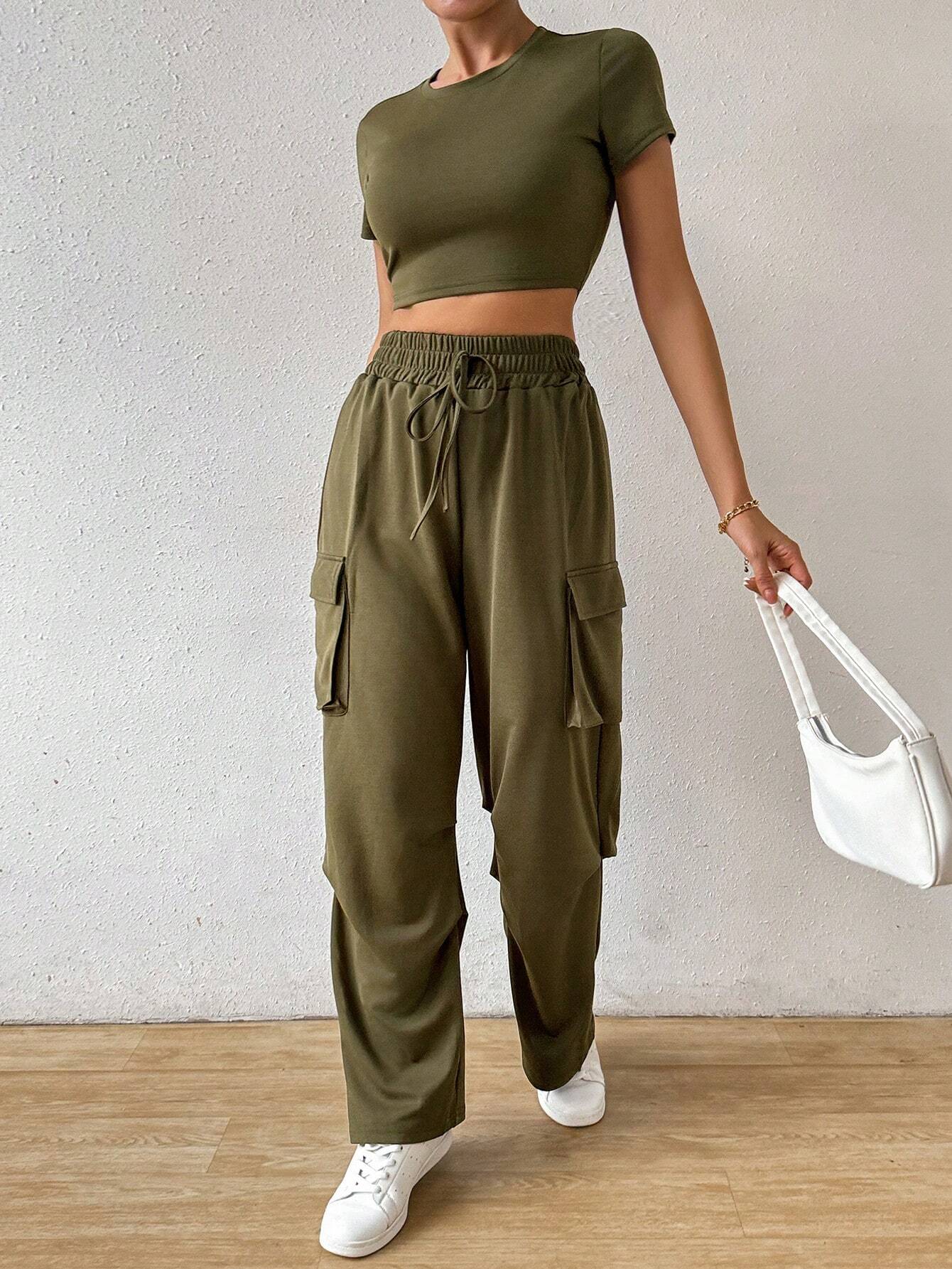  | SHEIN Essnce Solid Crop Tee & Flap Pocket Side Drawstring Waist Cargo Pants | Top and Pant Set | Shein | OneHub