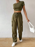  | SHEIN Essnce Solid Crop Tee & Flap Pocket Side Drawstring Waist Cargo Pants | Top and Pant Set | Shein | OneHub