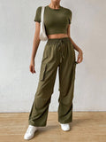  | SHEIN Essnce Solid Crop Tee & Flap Pocket Side Drawstring Waist Cargo Pants | Top and Pant Set | Shein | OneHub