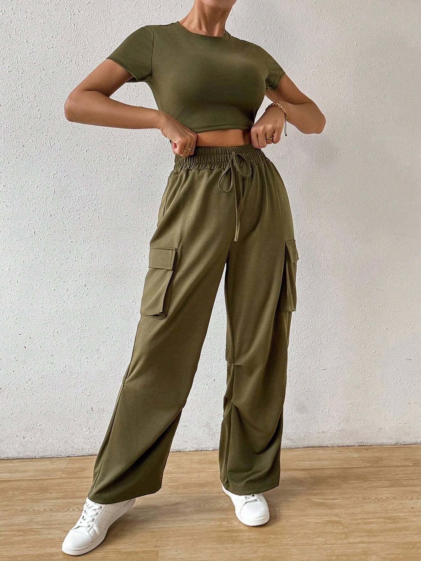  | SHEIN Essnce Solid Crop Tee & Flap Pocket Side Drawstring Waist Cargo Pants | Top and Pant Set | Shein | OneHub