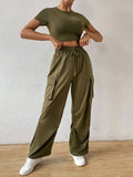  | SHEIN Essnce Solid Crop Tee & Flap Pocket Side Drawstring Waist Cargo Pants | Top and Pant Set | Shein | OneHub