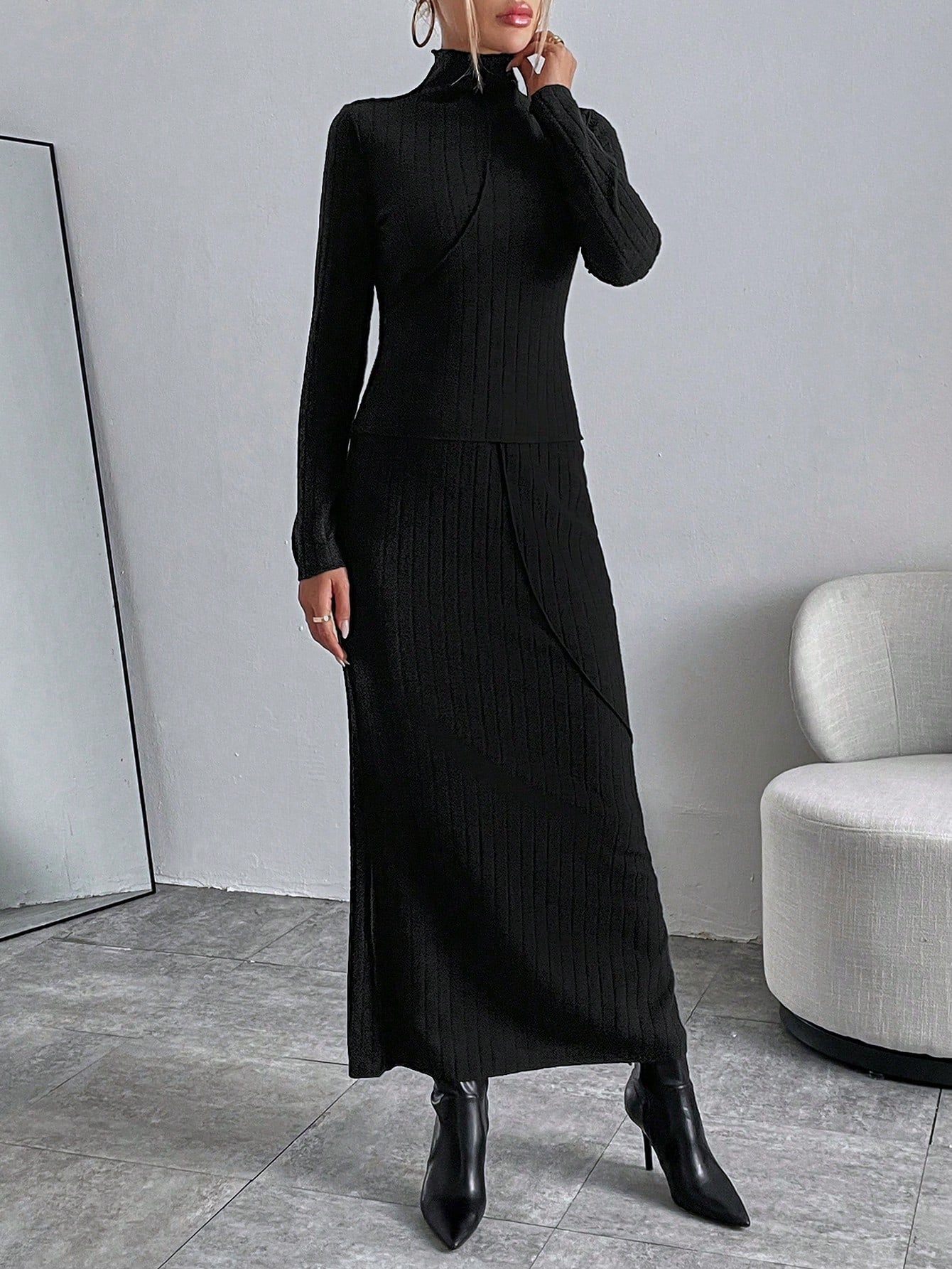  | SHEIN Essnce Solid High Neck Tee & Ribbed Skirt | Top and Pant Set | Shein | OneHub