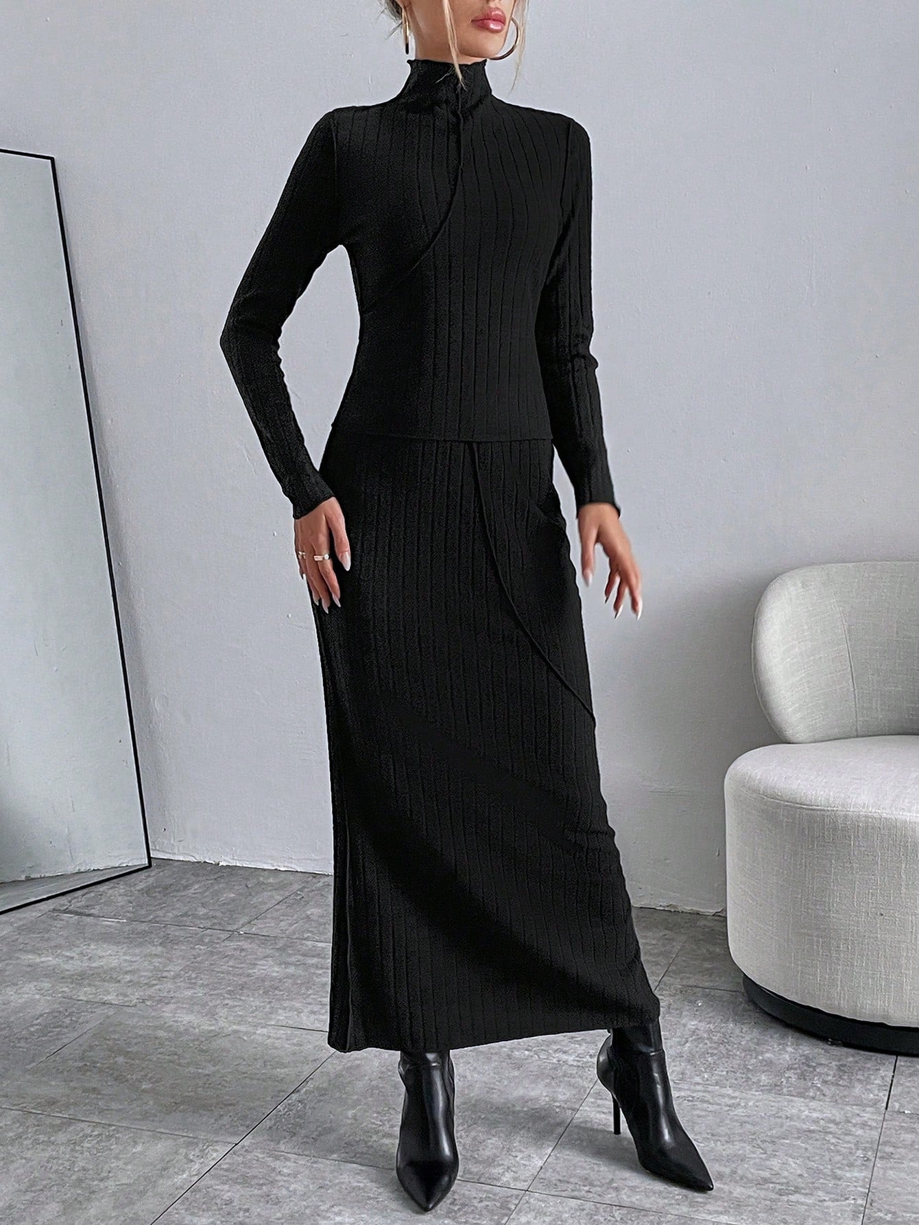  | SHEIN Essnce Solid High Neck Tee & Ribbed Skirt | Top and Pant Set | Shein | OneHub