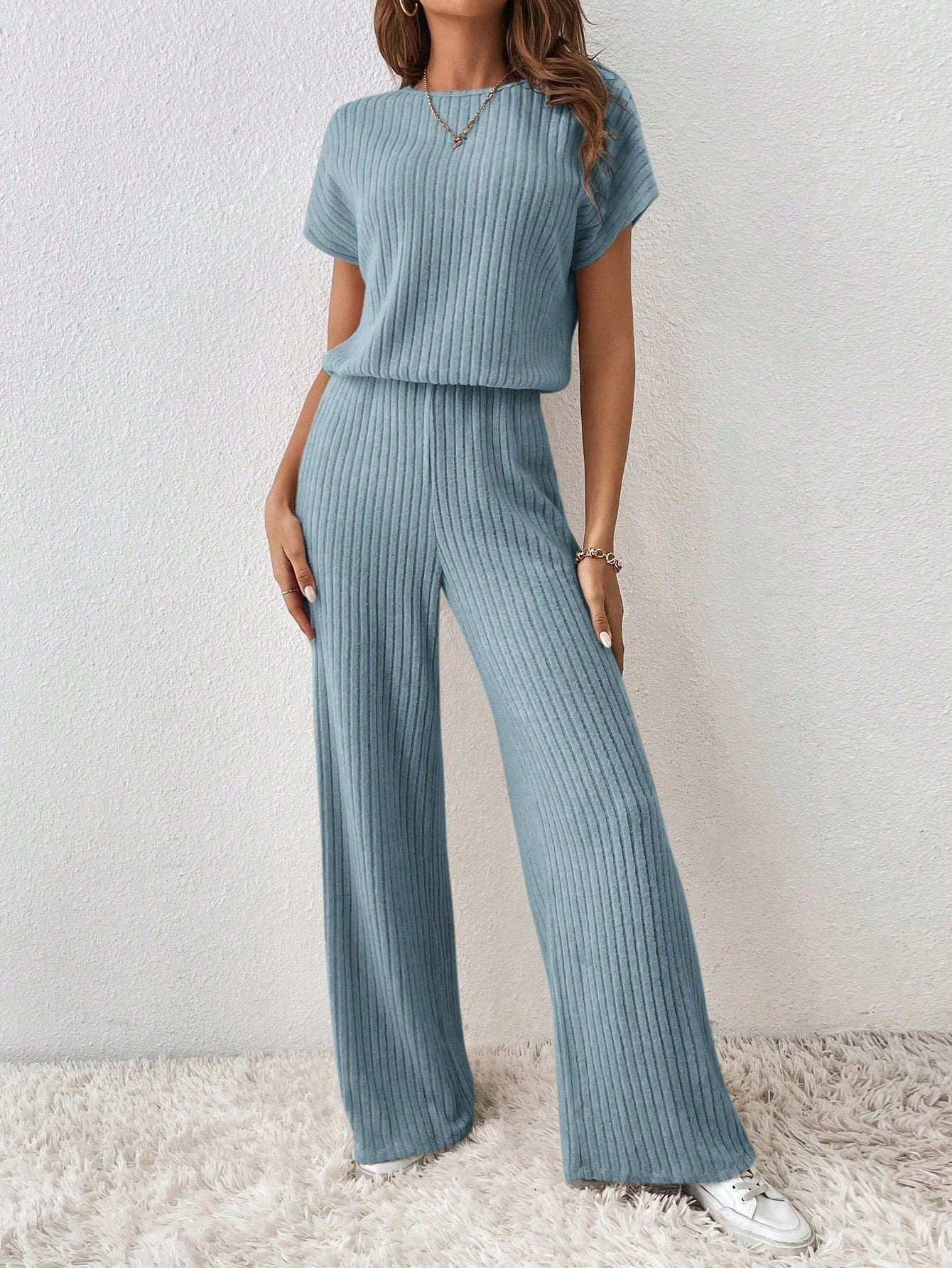  | SHEIN Essnce Solid Ribbed Knit Batwing Sleeve Jumpsuit | Jumpsuit | Shein | OneHub
