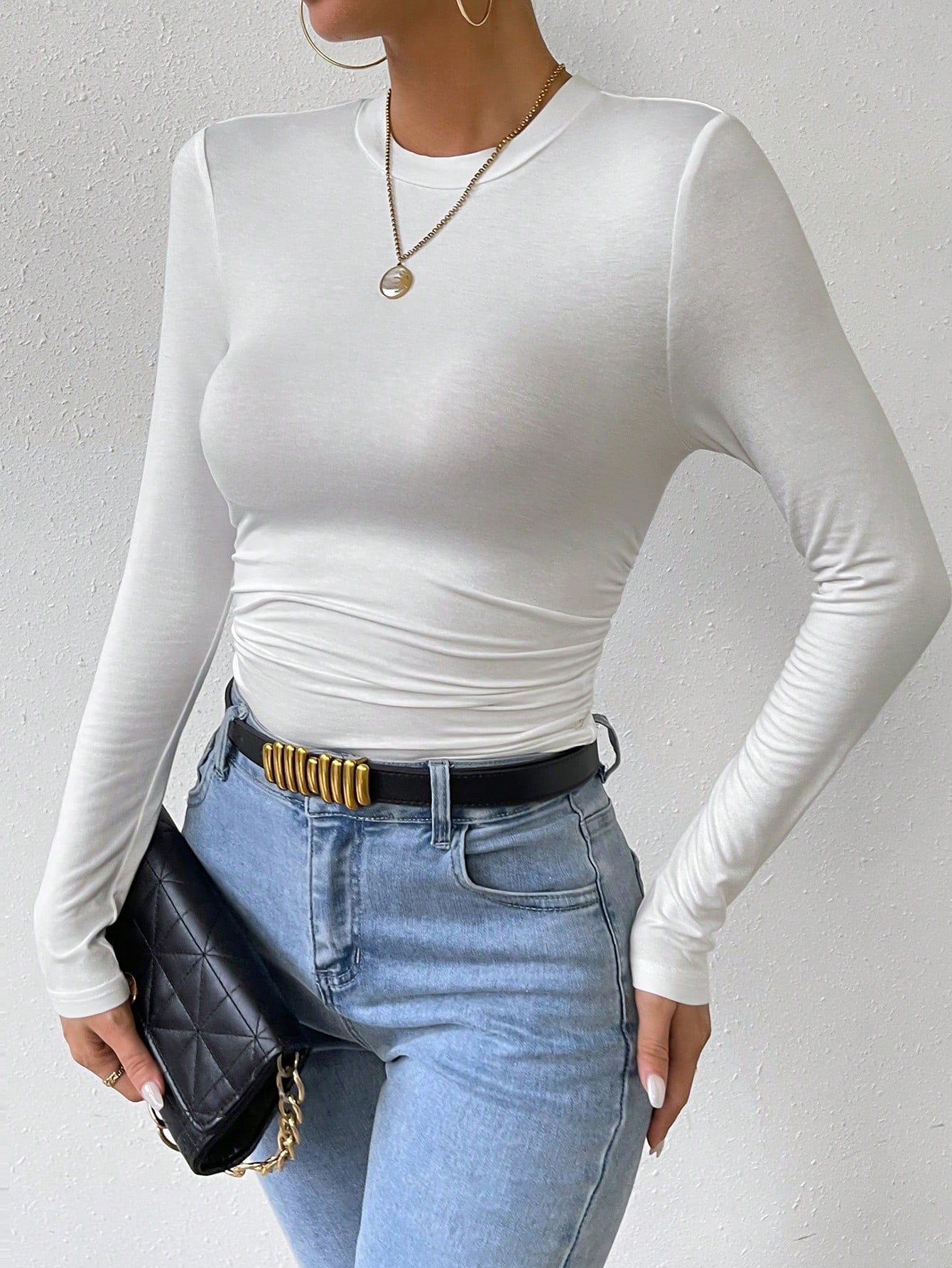  | SHEIN Essnce Solid Ruched Slim Fit Tee | Blouse | Shein | OneHub