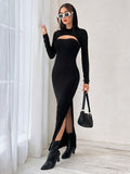  | SHEIN Essnce Solid Split Thigh Hooded Bodycon Dress & Super Crop Hooded Dress | Dress | Shein | OneHub