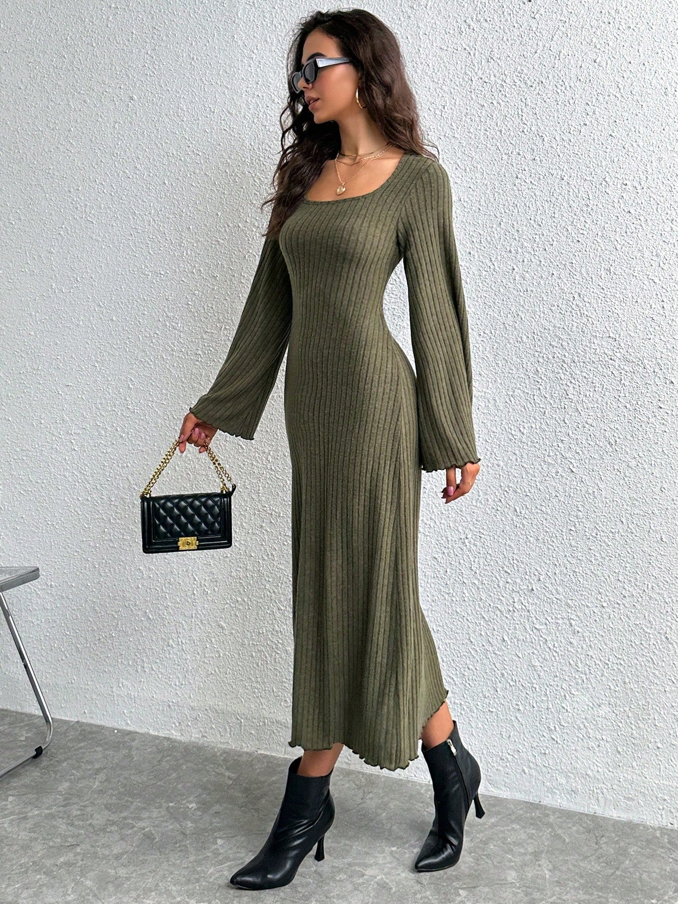  | SHEIN Essnce Square Neck Trumpet Sleeve Lettuce Trim Bodycon Dress | Dress | Shein | OneHub