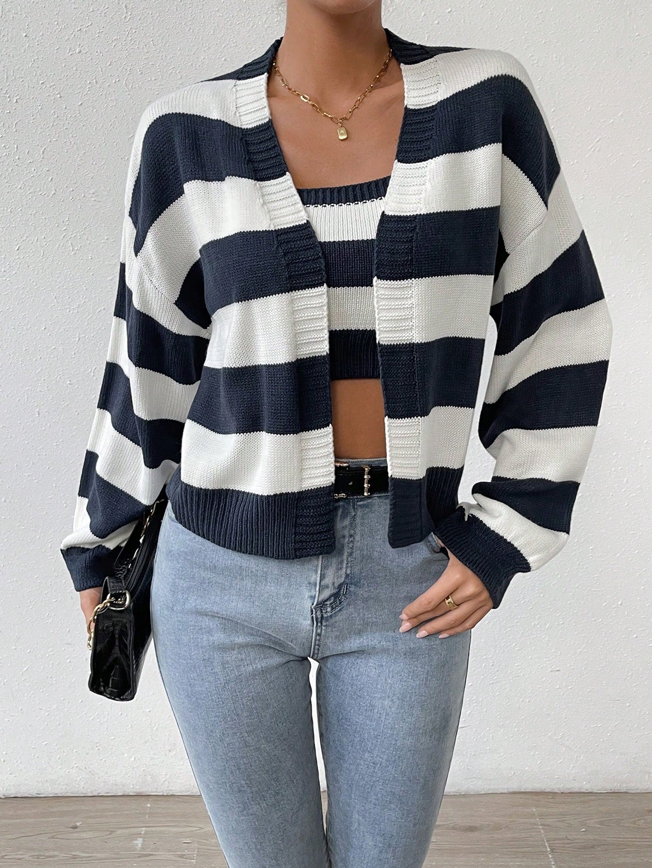  | SHEIN Essnce Striped Pattern Drop Shoulder Open Front Cardigan & Cami Knit Top | Sweater | Shein | OneHub