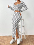 SHEIN Essnce Striped Print Notched Neck Crop Tee & Split Thigh Skirt