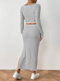  | SHEIN Essnce Striped Print Notched Neck Crop Tee & Split Thigh Skirt | Top and Pant Set | Shein | OneHub