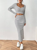  | SHEIN Essnce Striped Print Notched Neck Crop Tee & Split Thigh Skirt | Top and Pant Set | Shein | OneHub