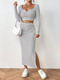  | SHEIN Essnce Striped Print Notched Neck Crop Tee & Split Thigh Skirt | Top and Pant Set | Shein | OneHub
