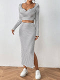  | SHEIN Essnce Striped Print Notched Neck Crop Tee & Split Thigh Skirt | Top and Pant Set | Shein | OneHub