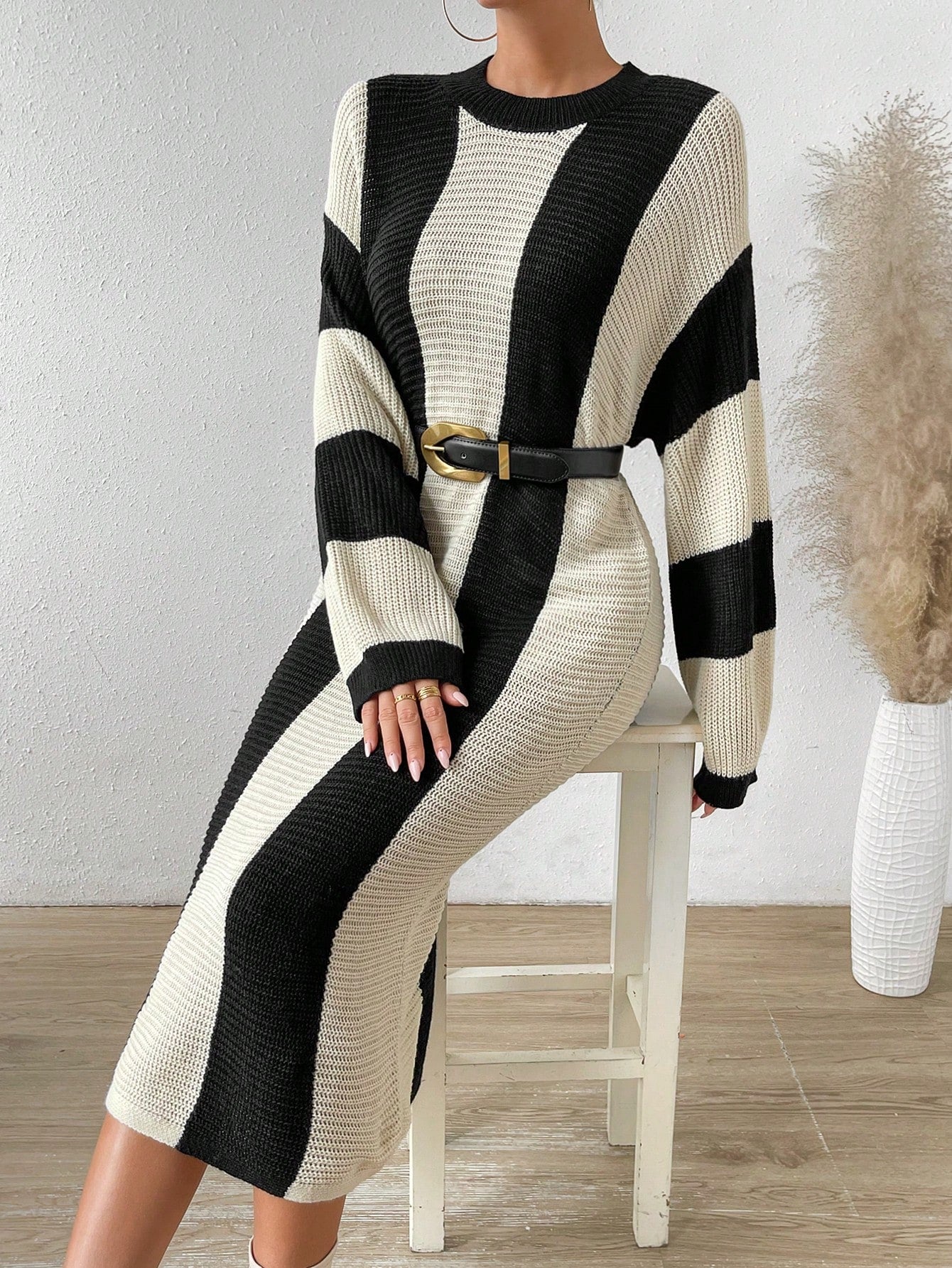 shein black sweater dress SHEIN Essnce Two Tone Drop Shoulder Sweater Dress Without Belt | Dress