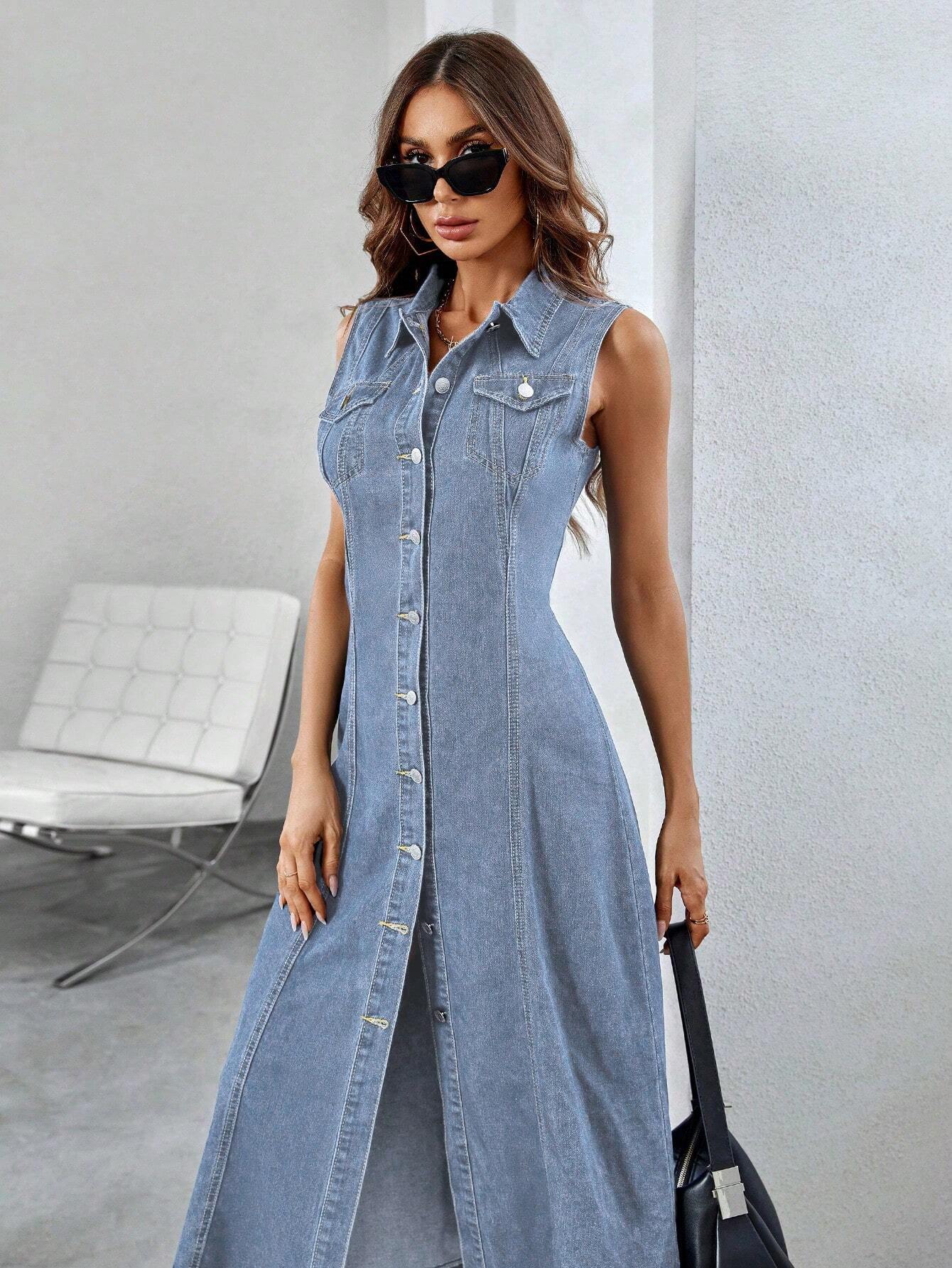 SHEIN Essnce Women'S Sleeveless Shirt Denim Dress | Dress | OneHub SHEIN Essnce Women'S Sleeveless Shirt Denim Dress | Dress | OneHub