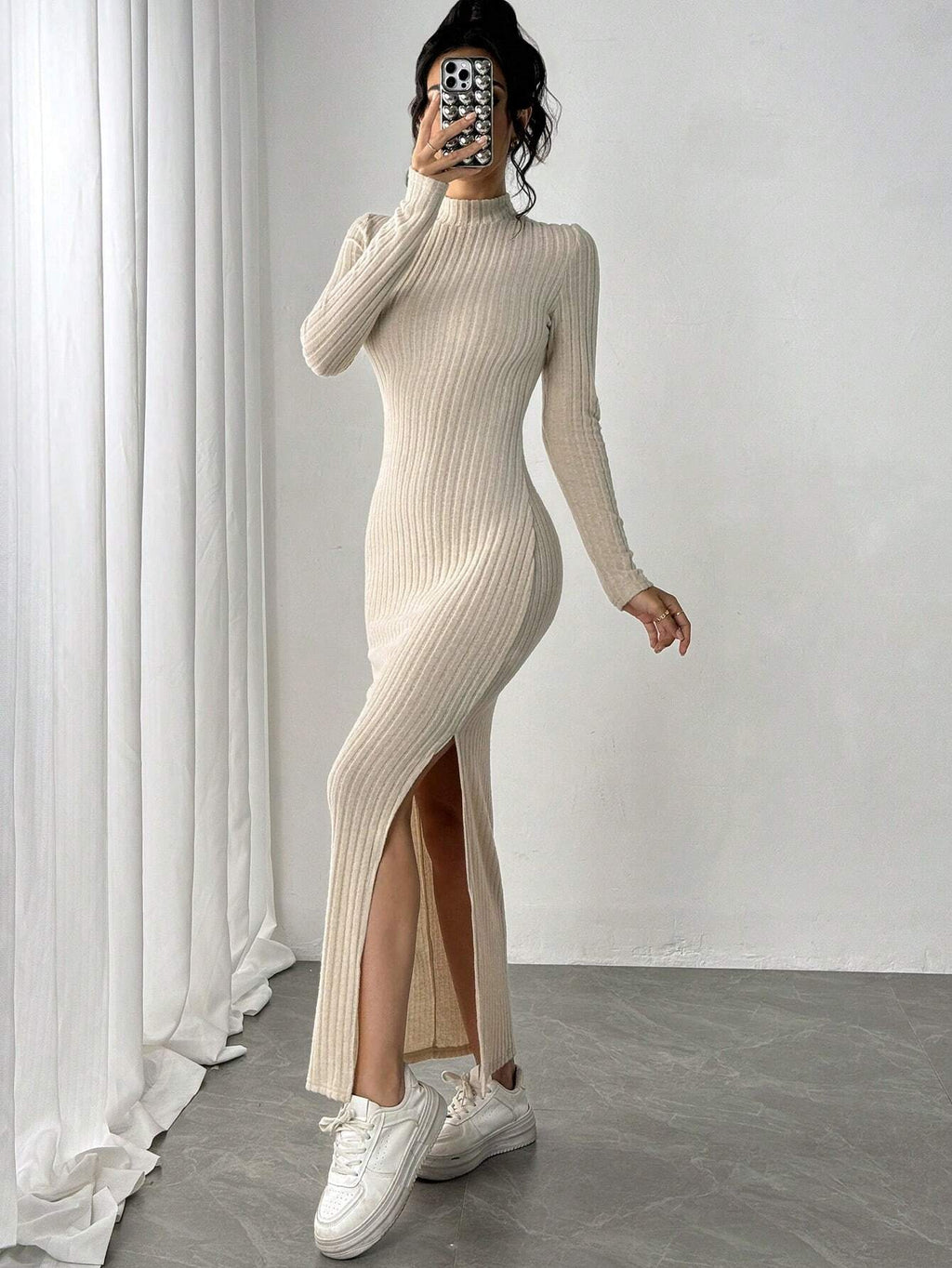 SHEIN Essnce Women Long Side Slit High Neck Long Sleeve Dress | Dress | OneHub SHEIN Essnce Women Long Side Slit High Neck Long Sleeve Dress | Dress | OneHub