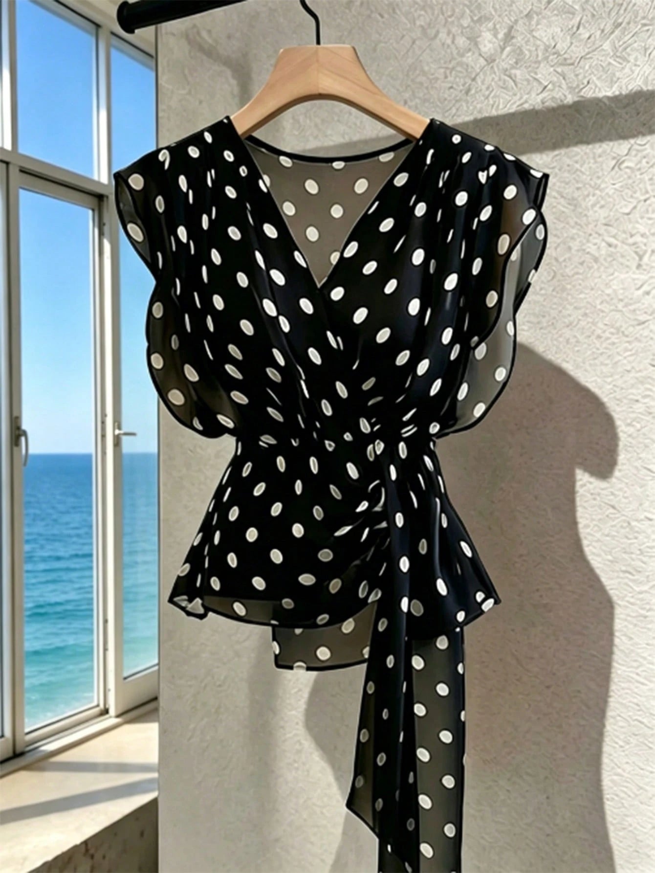 SHEIN Franclia Women's French Polka Dot V-Neck High-End Mesh Elegant Sleeveless Blouse, Fashionable Tie Strap Flutter Sleeve Chiffon Camisole Top