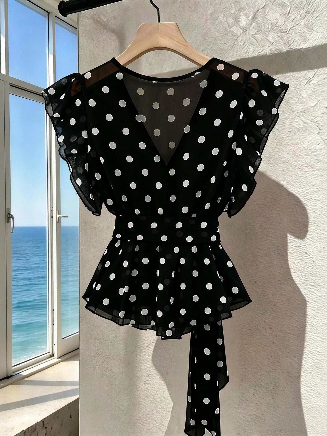 SHEIN Franclia Women's French Polka Dot V-Neck High-End Mesh Elegant Sleeveless Blouse, Fashionable Tie Strap Flutter Sleeve Chiffon Camisole Top