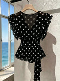 SHEIN Franclia Women's French Polka Dot V-Neck High-End Mesh Elegant Sleeveless Blouse, Fashionable Tie Strap Flutter Sleeve Chiffon Camisole Top