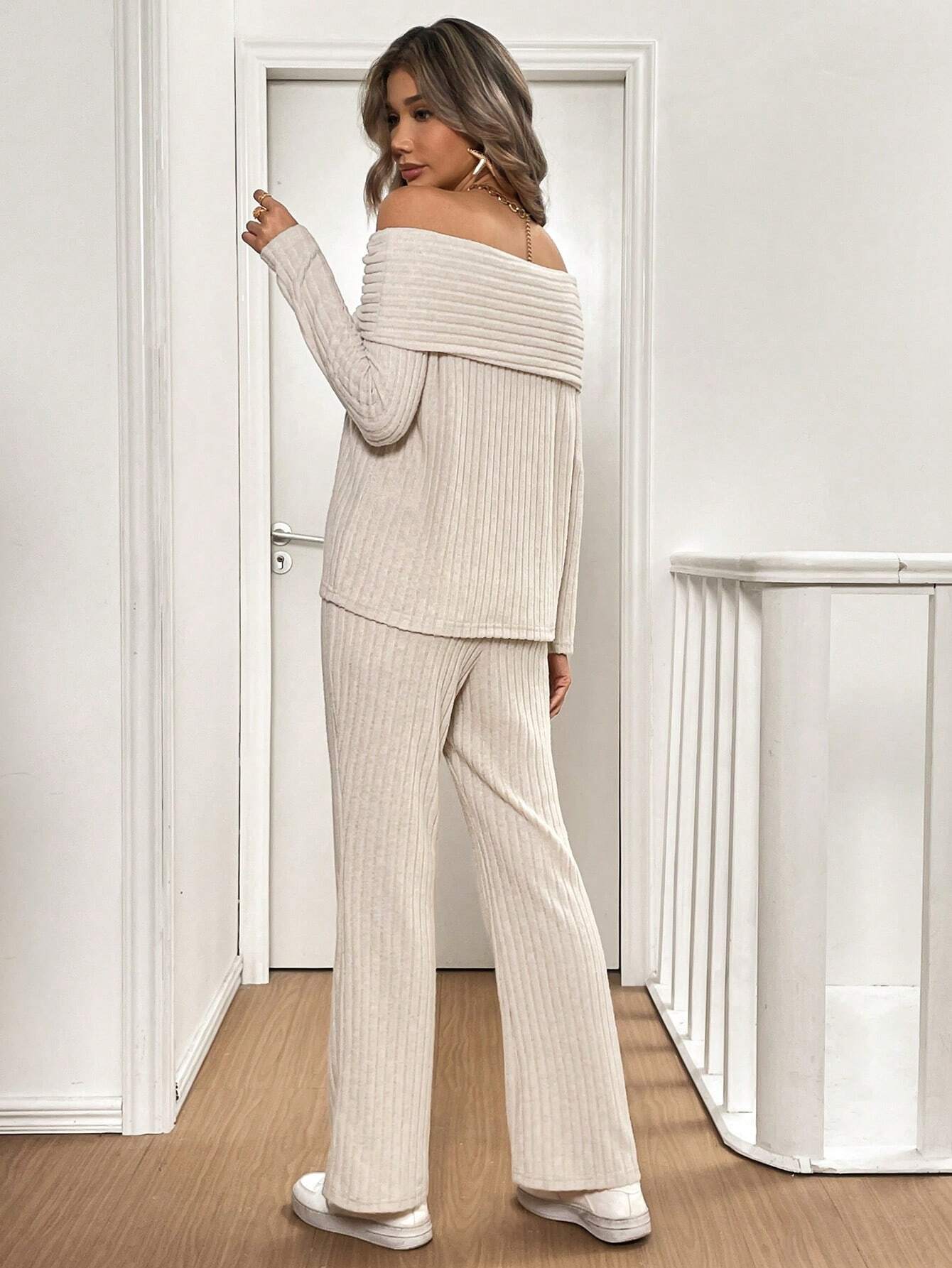  | SHEIN Frenchy 2pcs/Set Women Open Shoulder Long Sleeve Top And Textured Fabric Pants | Top and Pant Set | Shein | OneHub