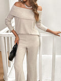  | SHEIN Frenchy 2pcs/Set Women Open Shoulder Long Sleeve Top And Textured Fabric Pants | Top and Pant Set | Shein | OneHub