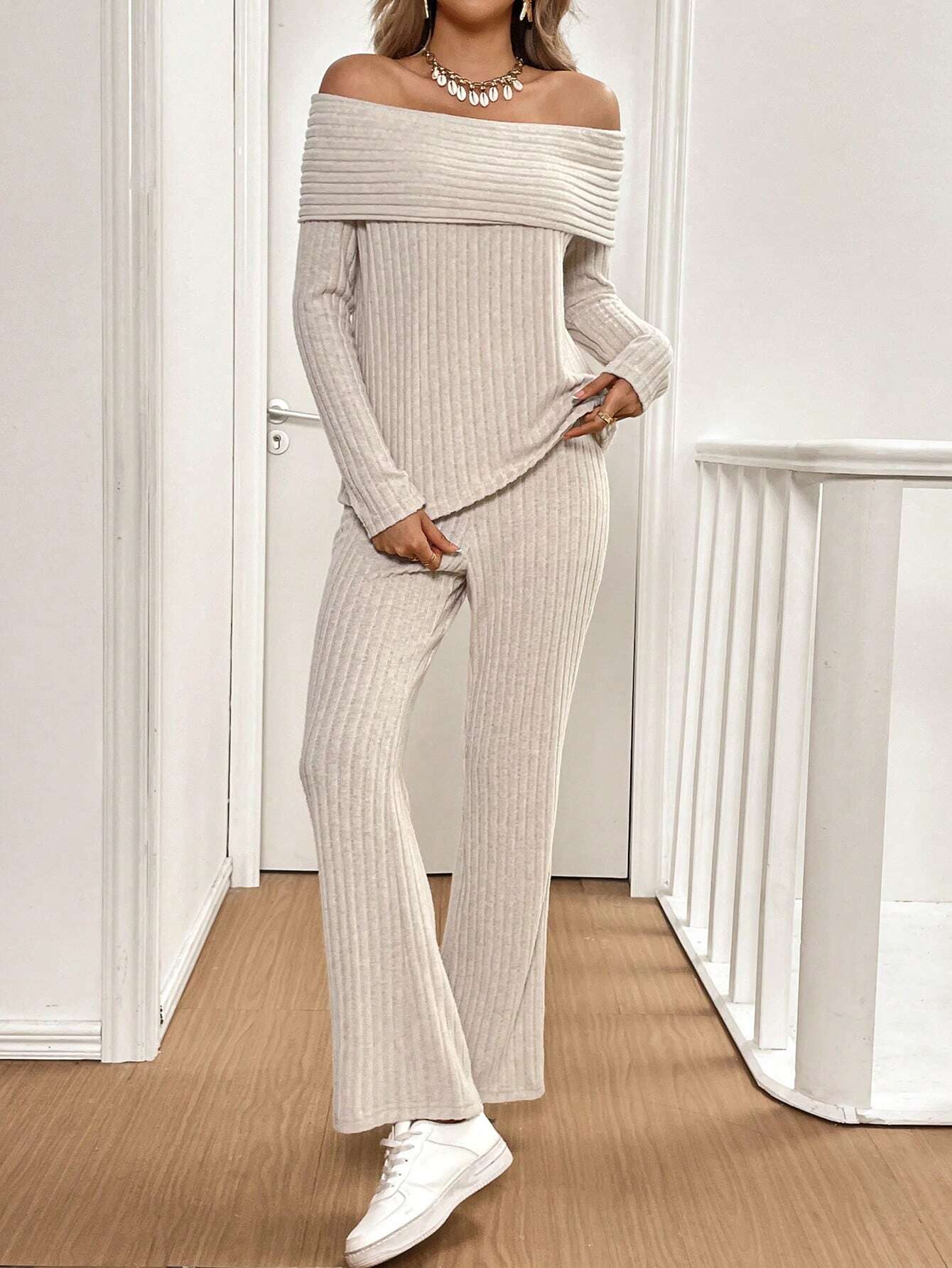  | SHEIN Frenchy 2pcs/Set Women Open Shoulder Long Sleeve Top And Textured Fabric Pants | Top and Pant Set | Shein | OneHub