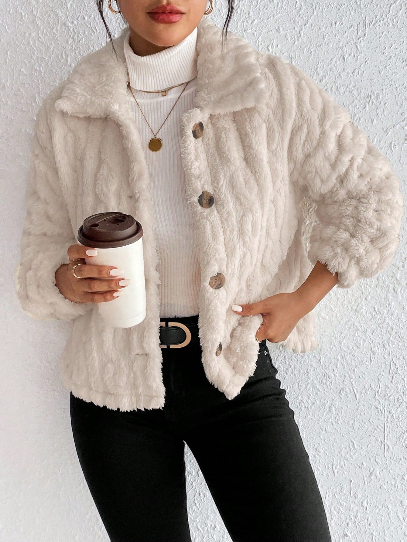 SHEIN Frenchy Drop Shoulder Button Front Teddy Jacket In Fall/Winter