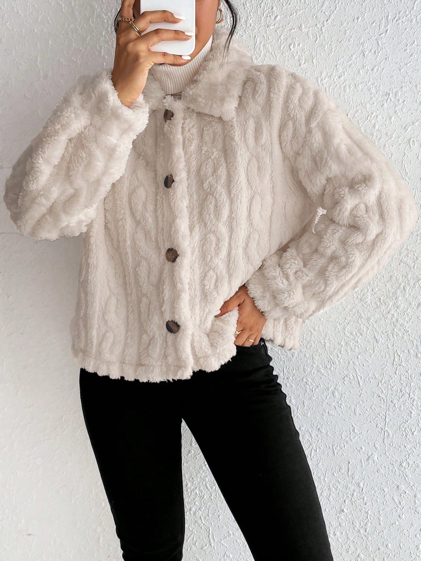 SHEIN Frenchy Drop Shoulder Button Front Teddy Jacket In Fall/Winter