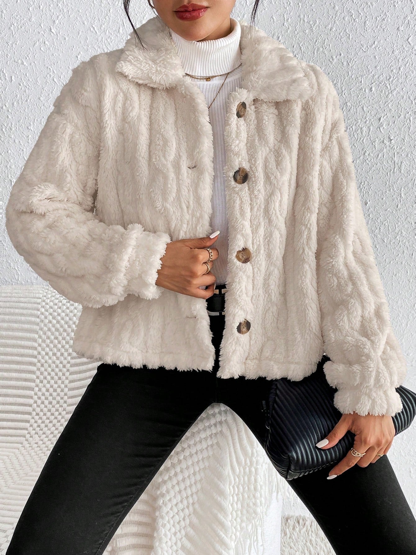 SHEIN Frenchy Drop Shoulder Button Front Teddy Jacket In Fall/Winter