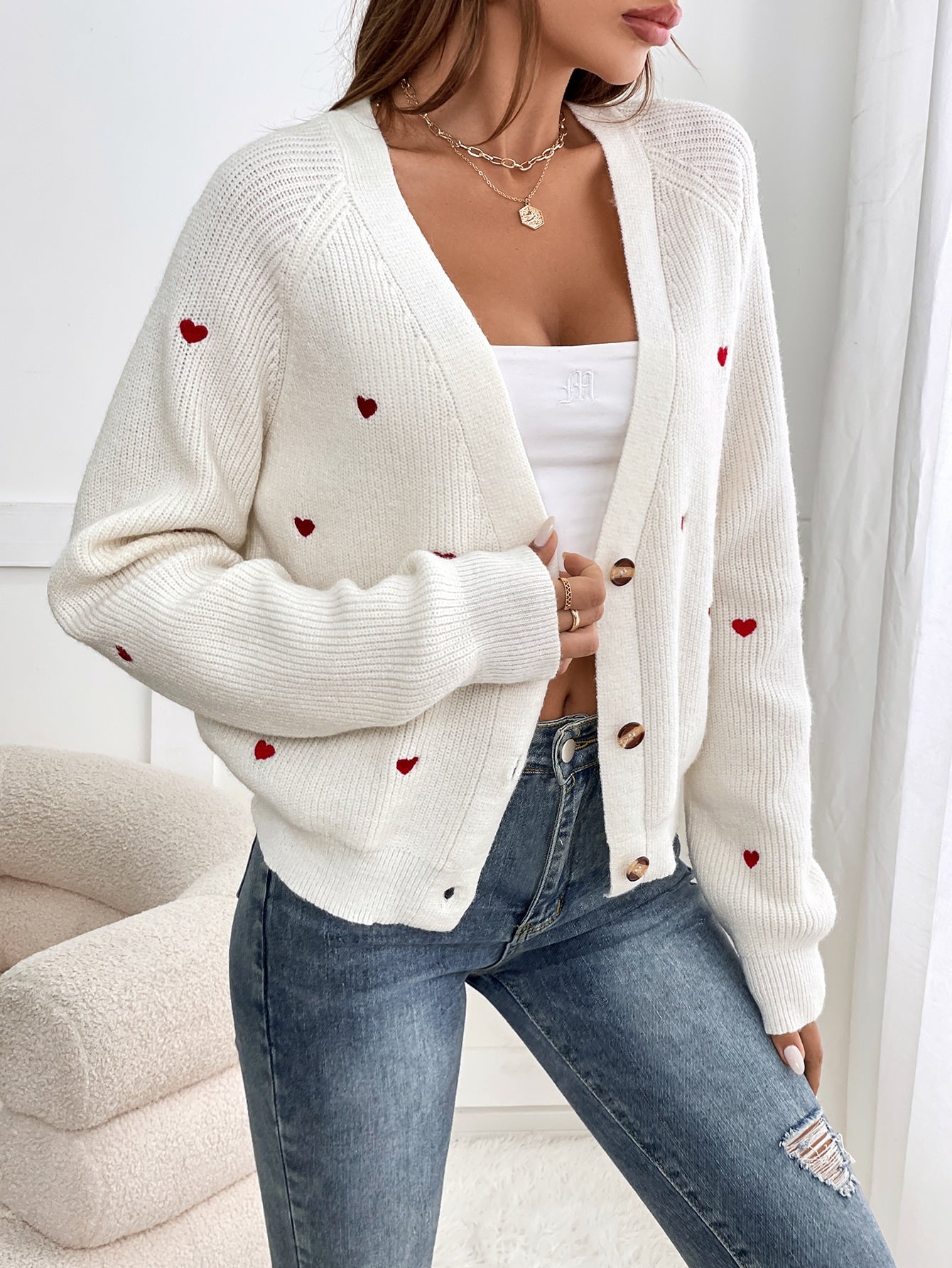  | SHEIN Frenchy Heart Embroidery Button Front Cardigan | Sweater | Shein | OneHub