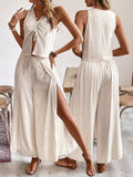  | SHEIN Frenchy Linen Pleated Sleeveless Top + Side-Slit Wide Leg Long Pants Set | Top and Pant Set | Shein | OneHub