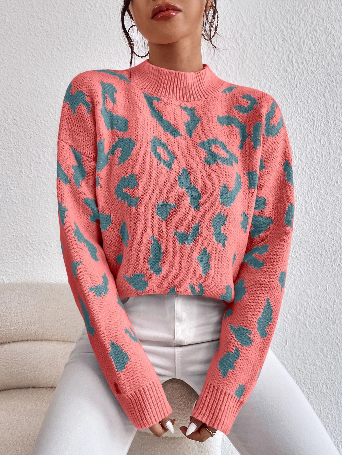  | SHEIN Frenchy Leopard Pattern Mock Neck Drop Shoulder Sweater | Sweater | Shein | OneHub