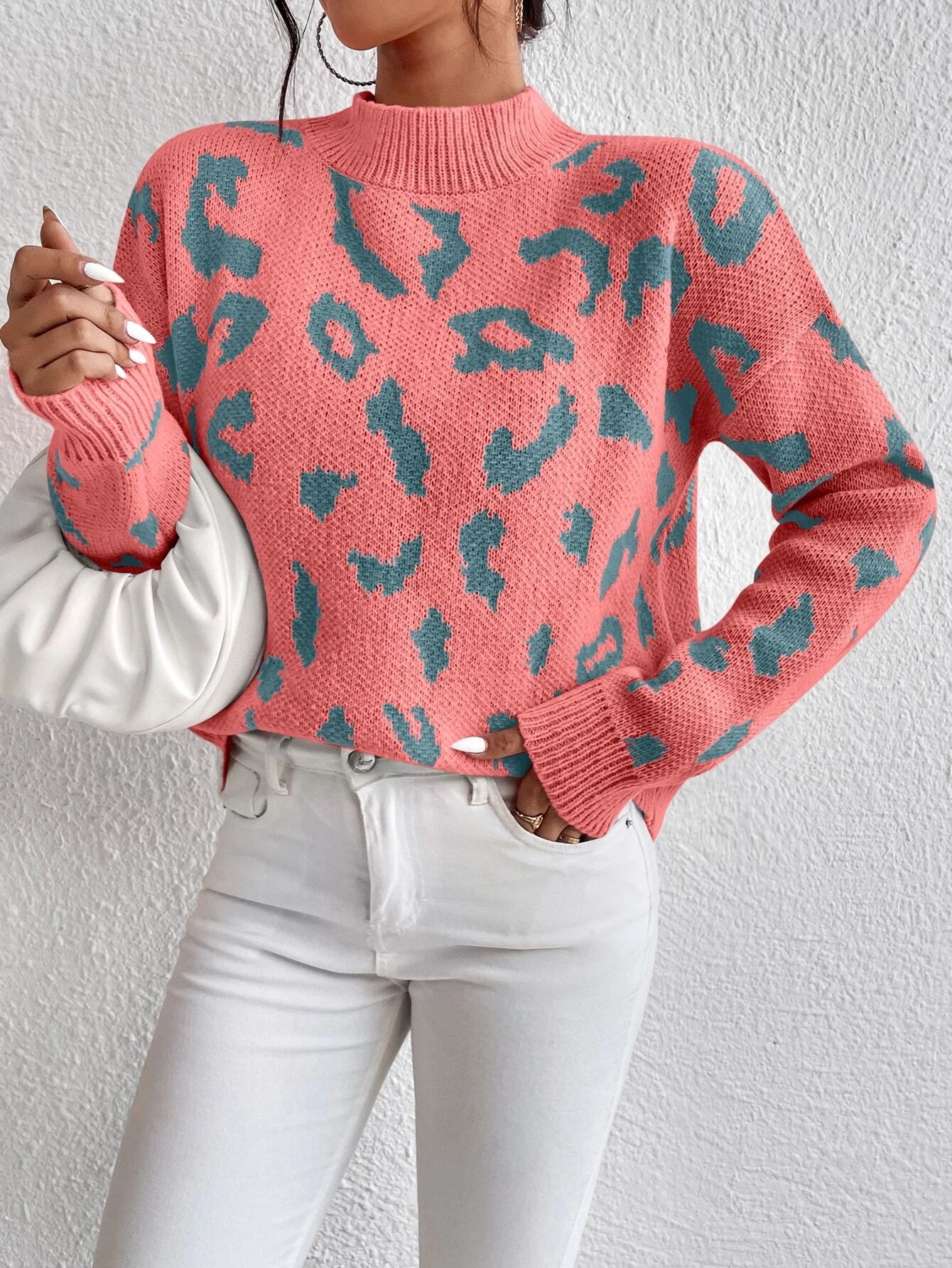  | SHEIN Frenchy Leopard Pattern Mock Neck Drop Shoulder Sweater | Sweater | Shein | OneHub