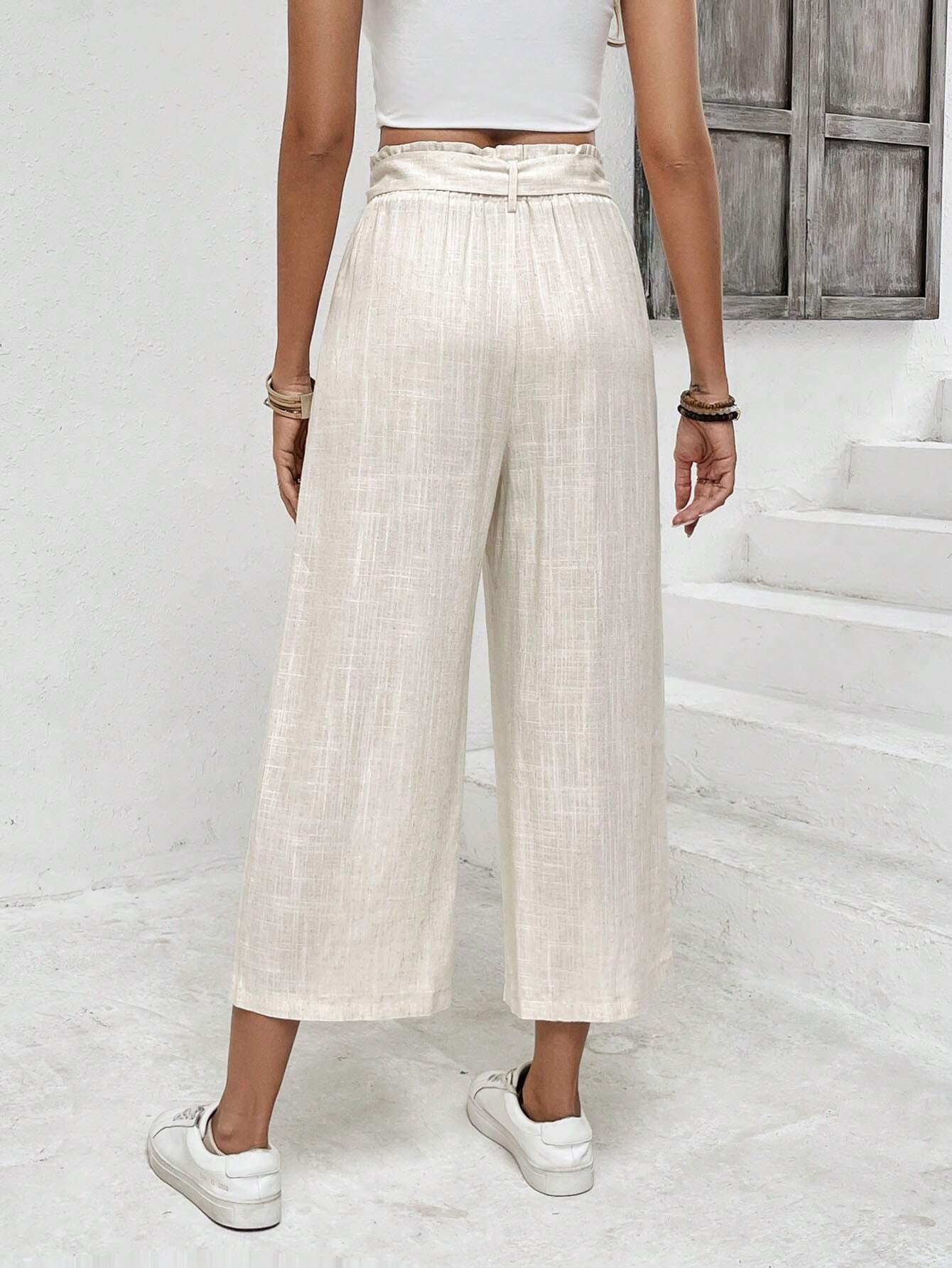  | SHEIN Frenchy Solid Color Pocketed Tie-Waist Paper Bag Pants, Casual Long Trousers | Pants | Shein | OneHub