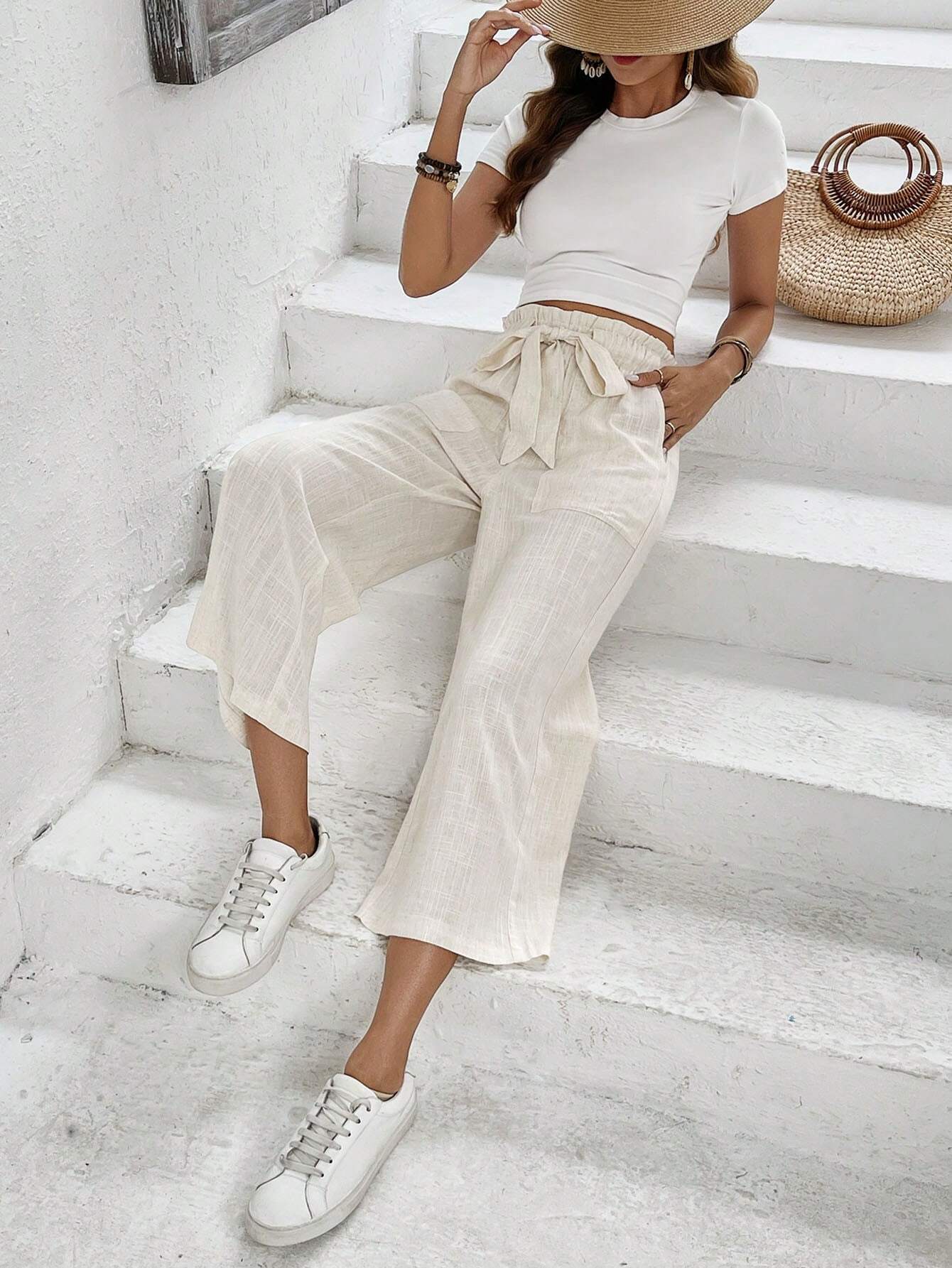  | SHEIN Frenchy Solid Color Pocketed Tie-Waist Paper Bag Pants, Casual Long Trousers | Pants | Shein | OneHub