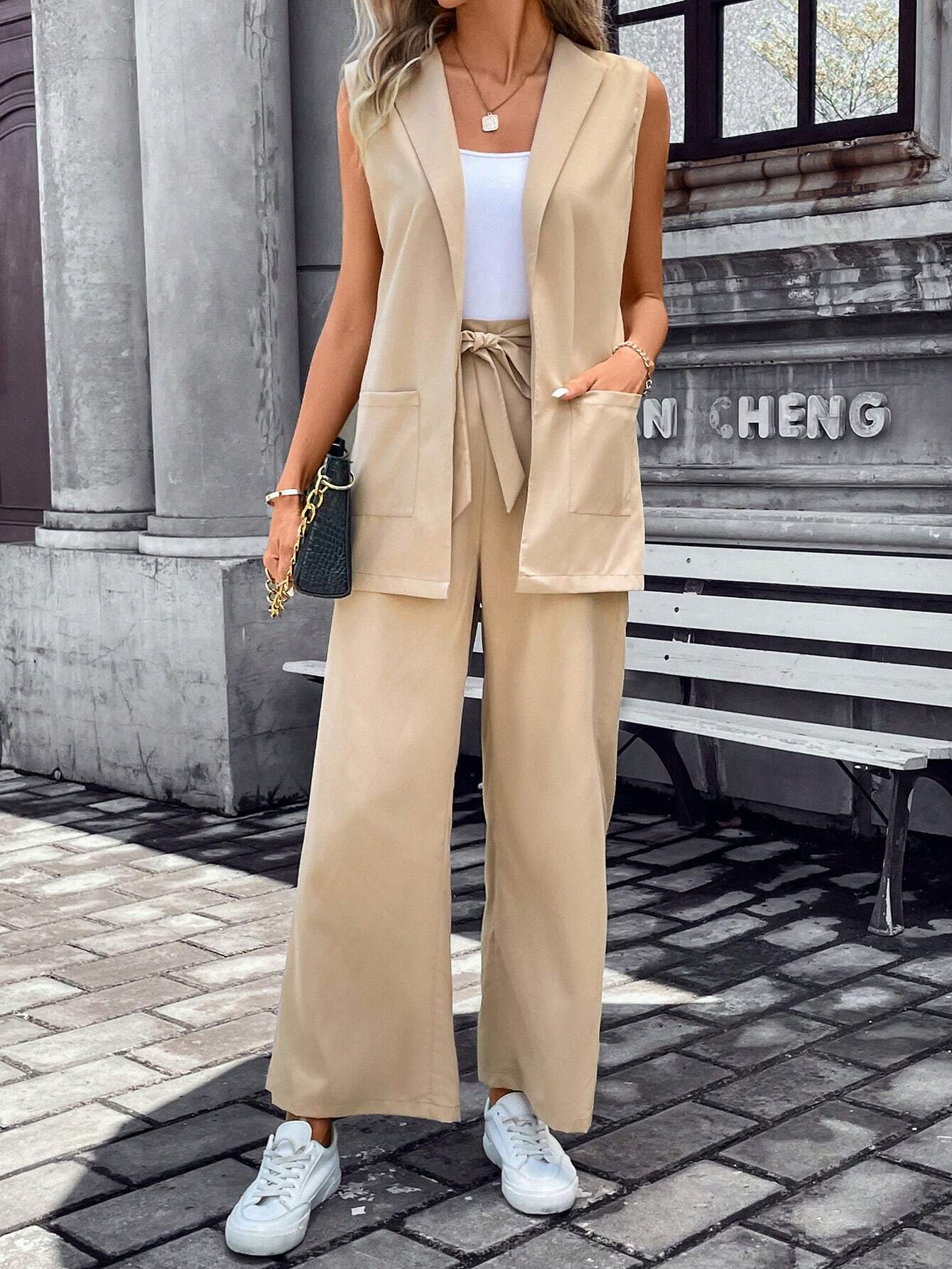  | SHEIN Frenchy Solid Lapel Neck Vest Blazer & Tie Front Pants Earthy Clothes | Blazer | Shein | OneHub