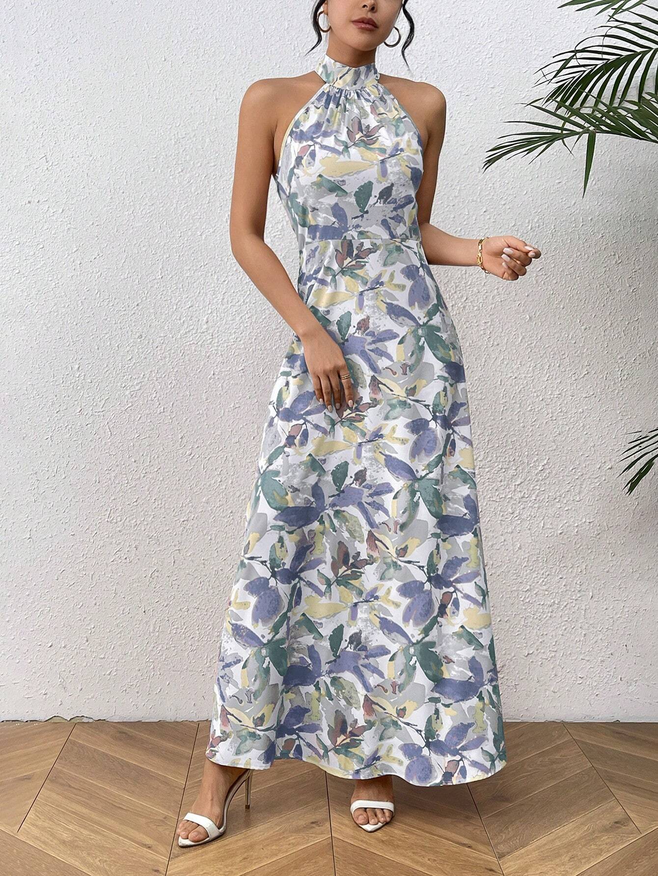  | SHEIN Frenchy Women Plant Printed Long Casual Halter Dress For Vacation | Dress | OneHub | OneHub
