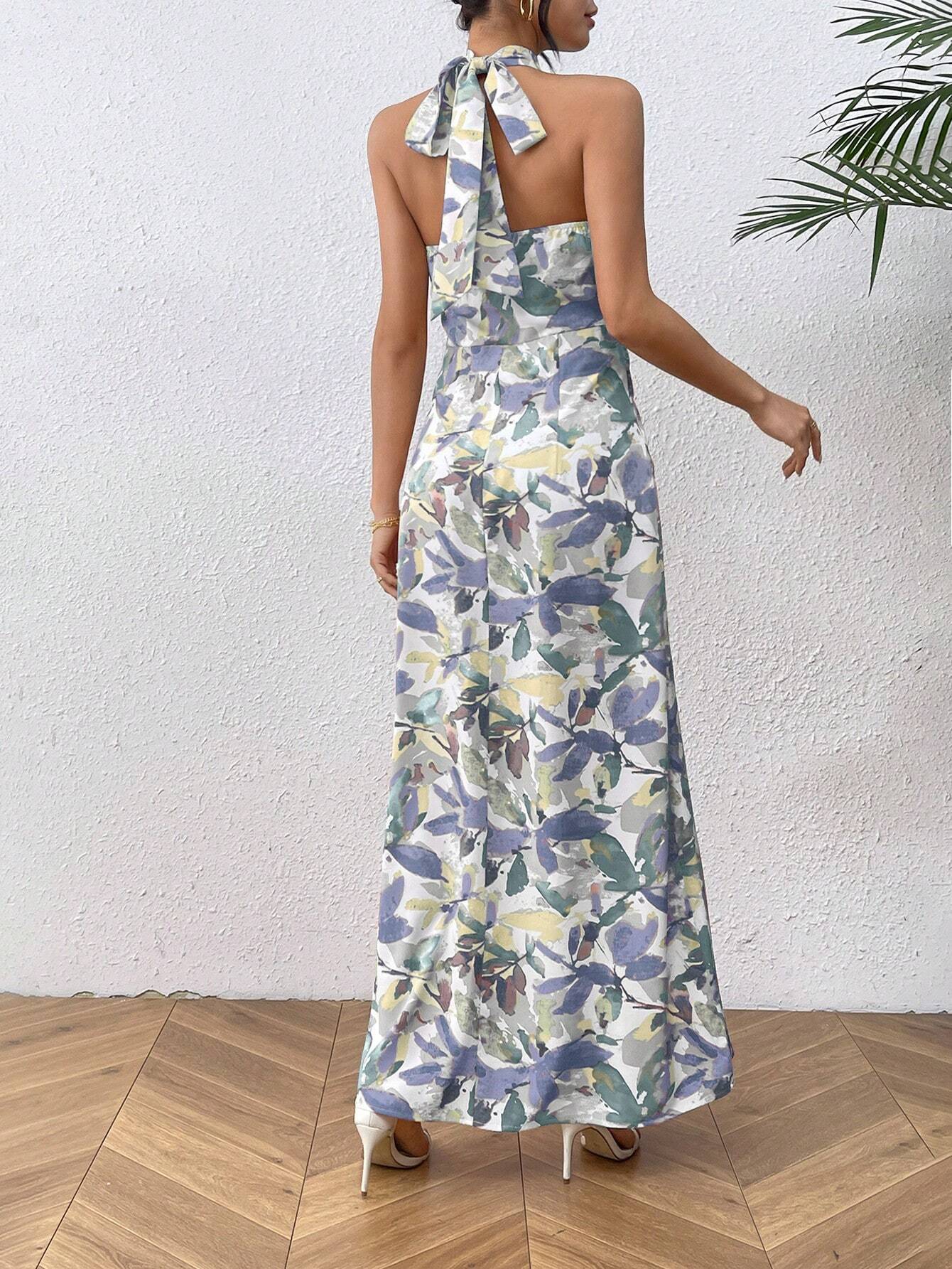  | SHEIN Frenchy Women Plant Printed Long Casual Halter Dress For Vacation | Dress | OneHub | OneHub